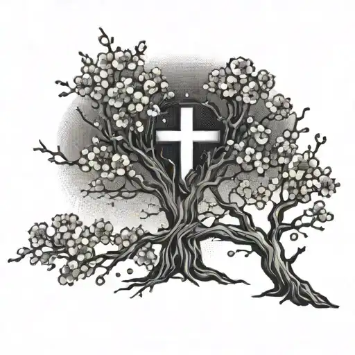 A Dotwork Tattoo Of A Cherry Blossom Tree With A Cross Hidden Within The Branches