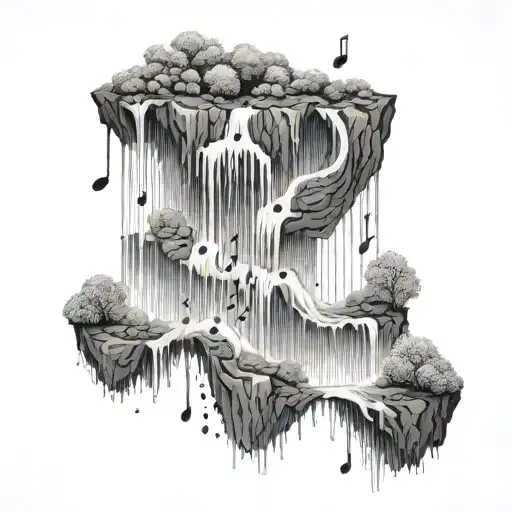 A Cascading Waterfall With Musical Notes Floating In The Mist