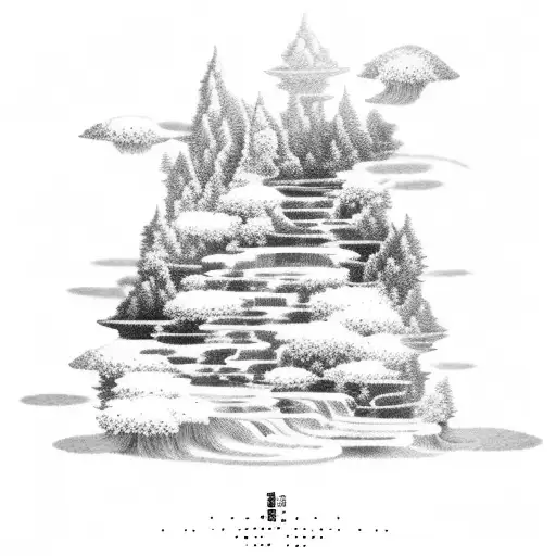 A Serene Anime-inspired Landscape With Flowing Waterfalls And Colorful Fish