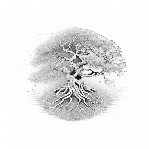 An Ancient Tree With Long Roots And Its Branches Represent Ying And Yang With And Without Leaves