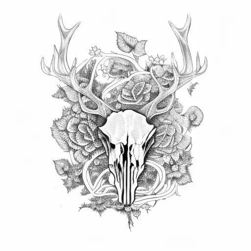 Elk Skull With Vines Flowers Mushrooms