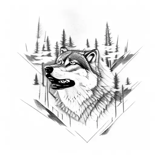 A Wounded Wolf In A Forest On A Rock Near A River