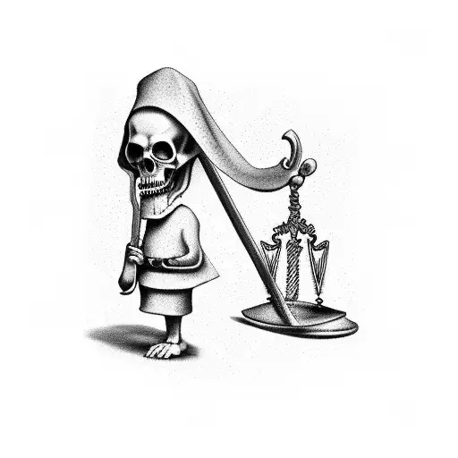 A Grim Reaper Holding A Schthe In Front Of The Sacked Of Justice With A Cardinal On Each Scale