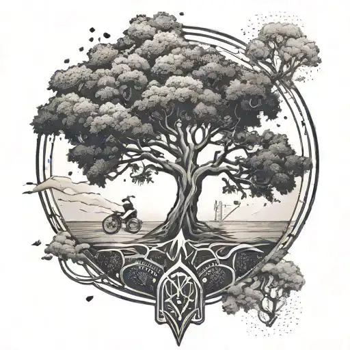 Design A Tattoo Featuring A Tree With Hidden Elements Representing Each Leg Of A Triathlon