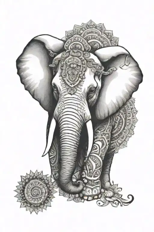 Elephant Head Sketch With A Mandala Incorporating A Mandala Behind