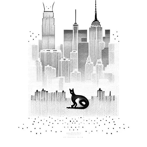 A Dotwork Design Of A New York Skyline With A Cat Silhouette Sitting On Top Of A Building