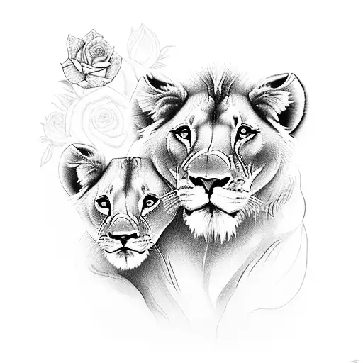Mother Lion With Her Son With Roses