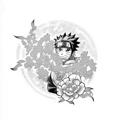 A Tattoo Design Featuring Naruto Characters Surrounded By Flowers