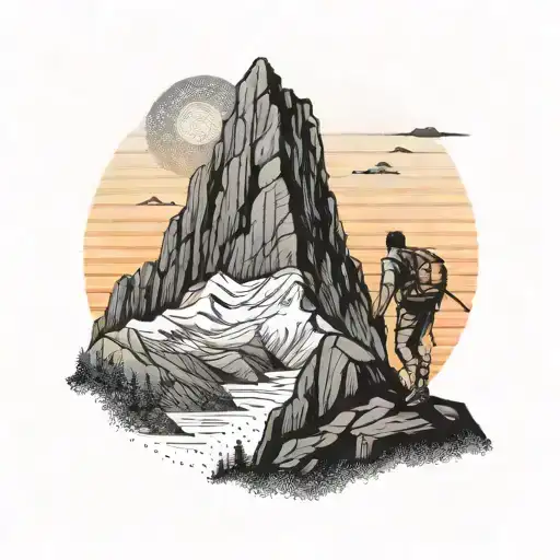 A Trekkers Climbing A Mountain With A Sunset In The Background