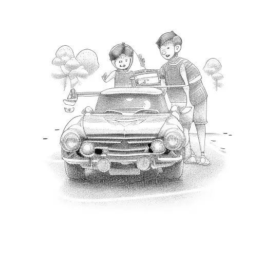 Line Art Family Of Five A Boy Pulling A Car Toy