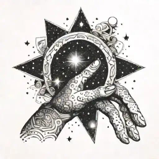 A Dotwork Tattoo Of A Galaxy And A Hand Reaching Out To Touch A Star