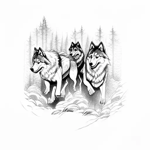 A Pack Of Wolves Running Through A Forest