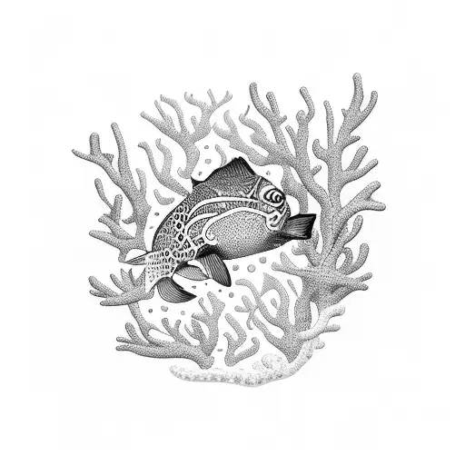 A Dotwork Tattoo Of A Snorkeler Swimming Among Colorful Coral Reefs And Tropical Fish