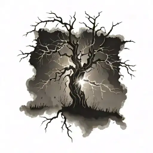 Lightning Strikes A Dead Tree Growing Dim Illuminated