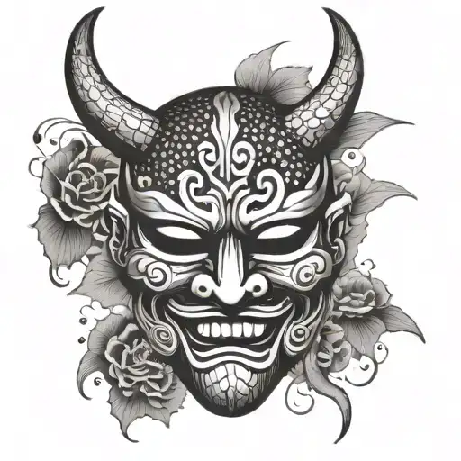Traditional Japanese Mask Representing The Duality Of Good And Evil