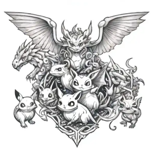 A Tattoo Design Of A Family Of Pokemon Surrounded By Mythical Creatures From Various Mythologies