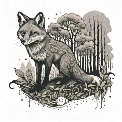 A Whimsical Scene Of A Fox Artist Painting A Mural Of A Mystical Forest