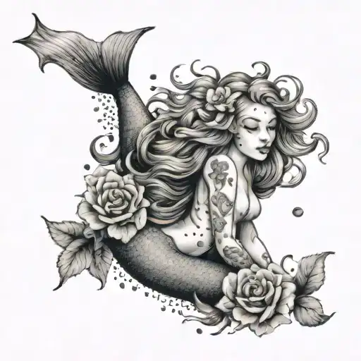 A Mermaid Gracefully Swimming Among Water Roses