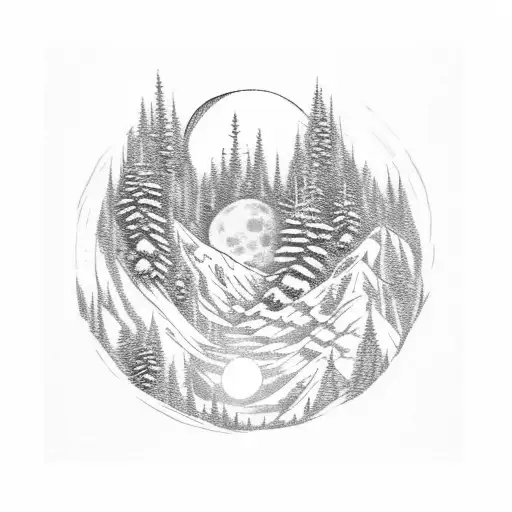 A Tattoo Of A Snow-covered Forest Range With A Full Moon Shining Above With Santa Claus