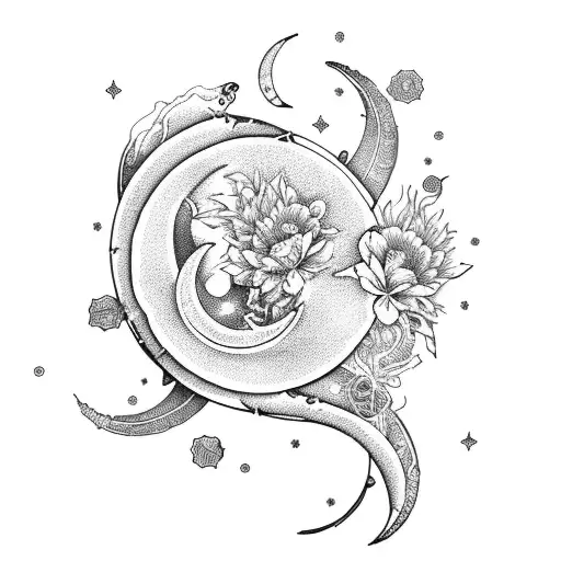 Crescent Moon With Pisces Constellation And Peony Flowers