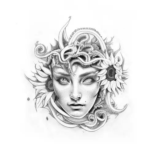Full Forearm With Medusa Face And Sunflowers