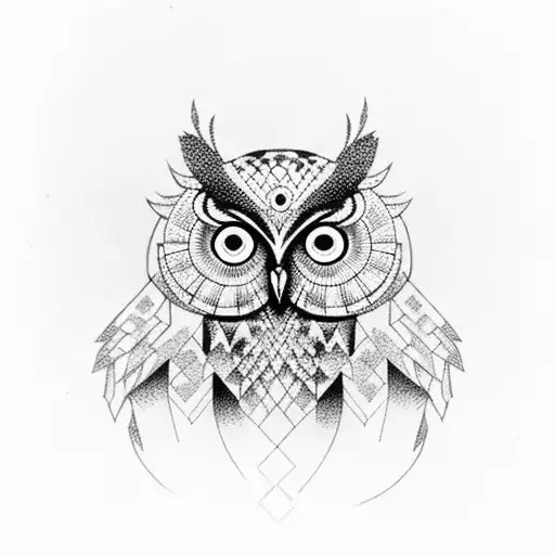 A Dotwork Owl Perched On A Branch With Geometric Patterns
