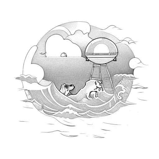 A Beach Scene With Dogs Playing In The Waves And A Ufo Hovering Above