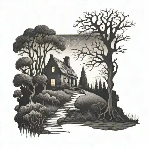 A Dotwork Tattoo Of A Forest Path Leading To A Haunted House With A Ghostly Figure Playing A Guitar