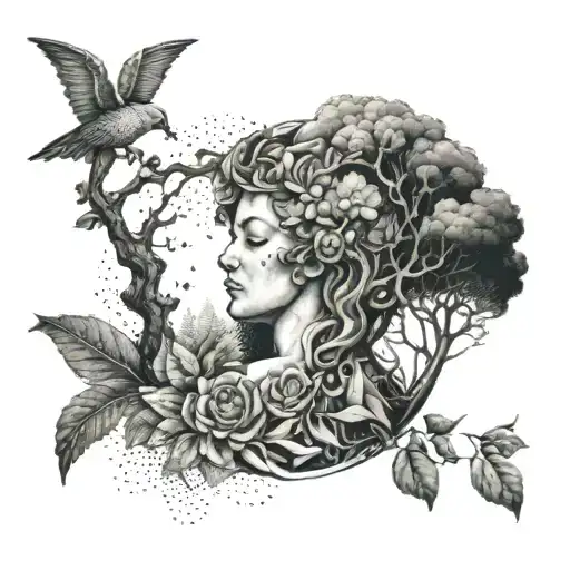 A Goddess Figure Surrounded By Elements Of Nature Like Trees And Animals