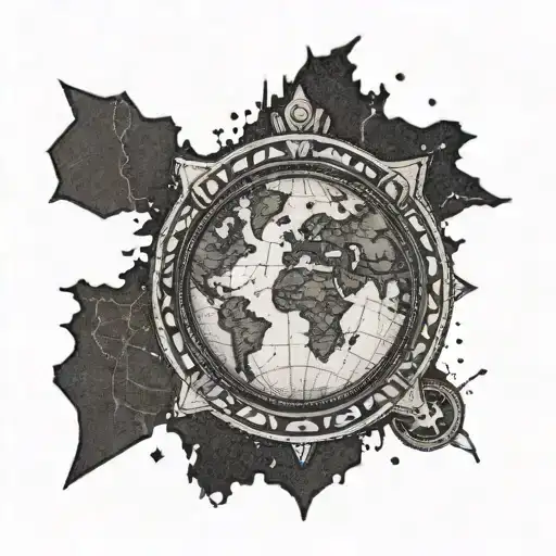 A Dotwork Tattoo Of A Police Badge Morphing Into A World Map With Travel Routes Marked Out