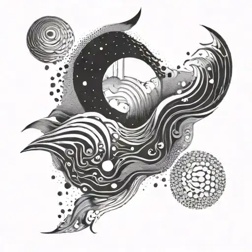 Abstract Waves Merging With Moon Phases In A Dotwork Style Design