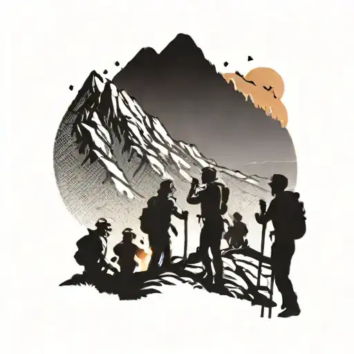 A Party Scene With Hikers Celebrating On A Mountain Top At Sunset