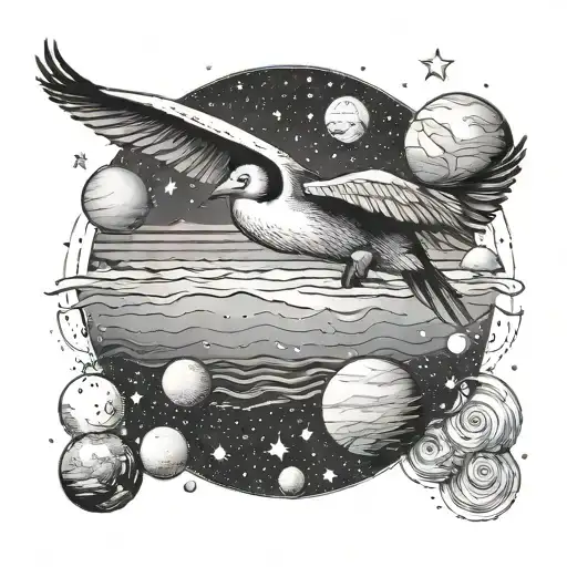 A Pelican Flying Through A Space-themed Beach Scene With Planets And Stars In The Sky