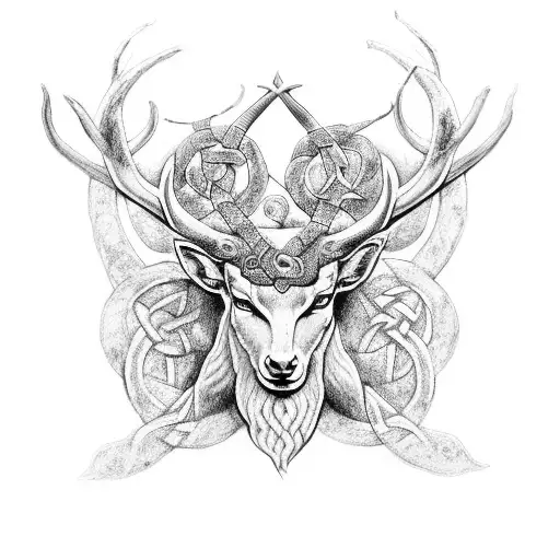 A Mystical Representation Of Cernunnos Surrounded By Celtic Knotwork In Dotwork Style