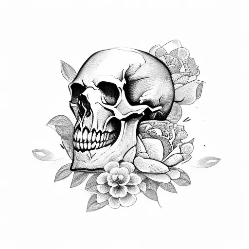 Skull With Detatched Jaw With Peonies And Flowers Surrounding It With Lady Bugs On The Skull