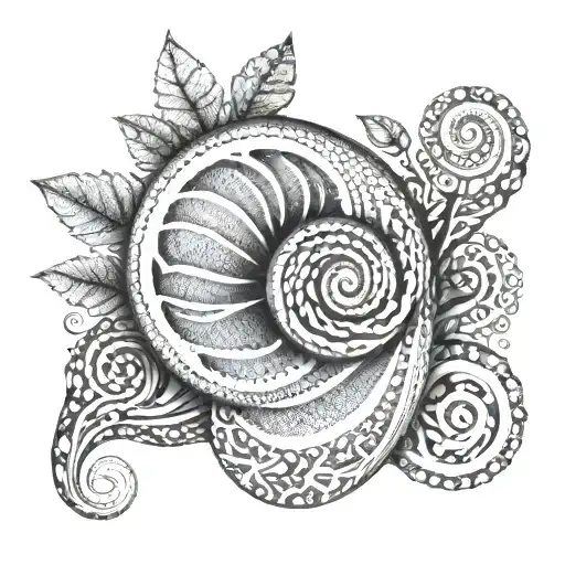A Dotwork Tattoo Of A Snail With Intricate Organic Shapes And Tree Rings As The Shell