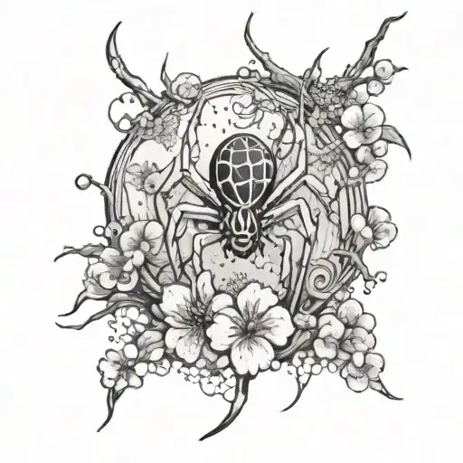 A Spider Crawling Through A Cherry Blossom Tree With Anime Characters Hidden In The Background