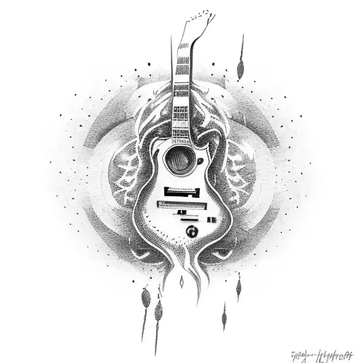 A Dotwork Tattoo Of A Heavy Metal Guitar With Flames Shooting Out From The Strings