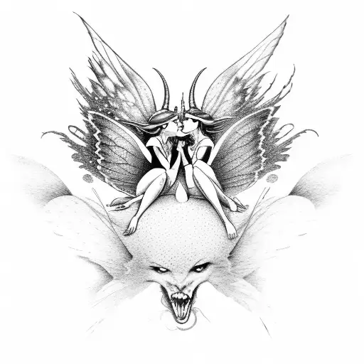 Two Gay Fairy One Is The Devil And One Is A Good Fairy Kissing With Their Wings Open