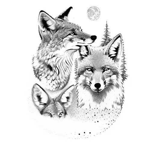 A Dotwork Tattoo Of A Coyote And Fox Howling At The Moon