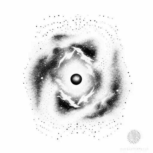 A Dotwork Tattoo Of A Simplistic Galaxy And A Small Figure Descending Into It