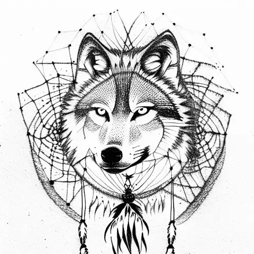 Wolf Standing In Front Of A Dream Catcher