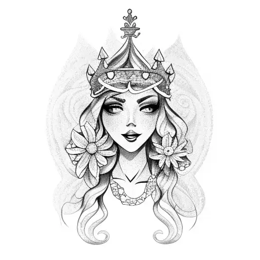 A Dotwork Tattoo Of A Mermaid Hairstylist With A Crown Of Flowers