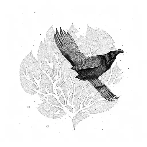 A Mysterious Raven With Intricate Geometric Patterns Flying Through A Forest Of Enchanted Trees