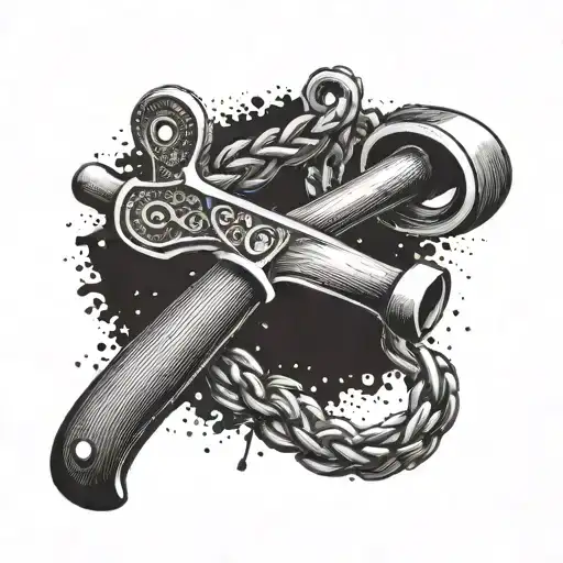 A Dotwork Tattoo Of A Carpenter's Hammer And Saw Intertwined With Fishing Hooks And Lures