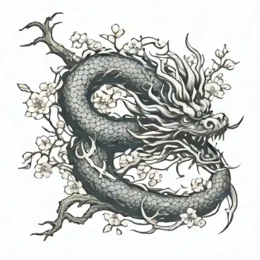 Water Chinese Dragon In The Branches Of A Sakura Tree With Flying Sakura Petals