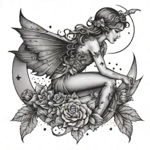 A Fairy Sitting On A Crescent Moon Surrounded By Stars And Flowers