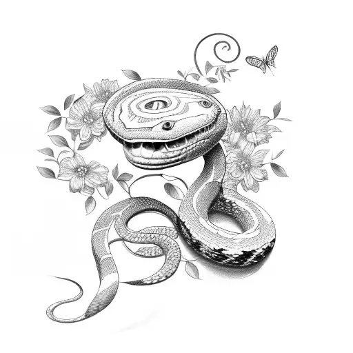 Snake Around Flowers With Butterflies Near Flowers