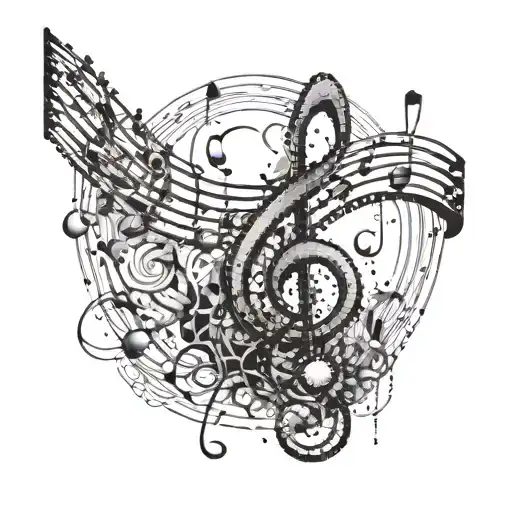 An Abstract Dotwork Design Of Musical Notes Breaking Free From Chains