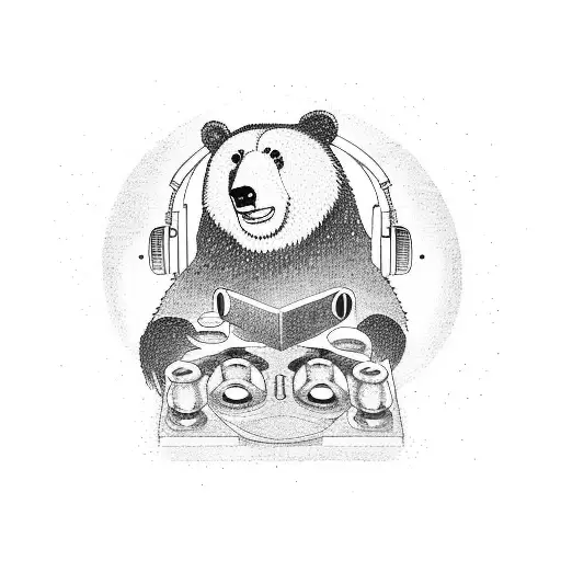 A Bear Dj Mixing Music On A Turntable With Gaming Elements In The Background